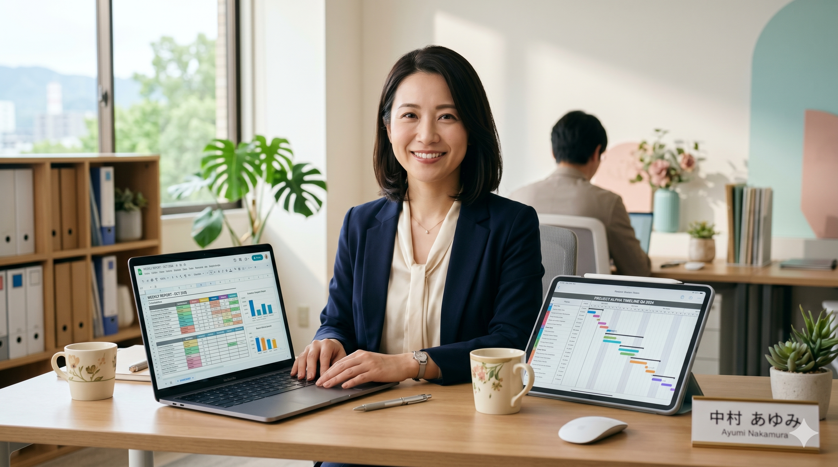 ノートPCとタブレットを活用して効率化する女性管理者
