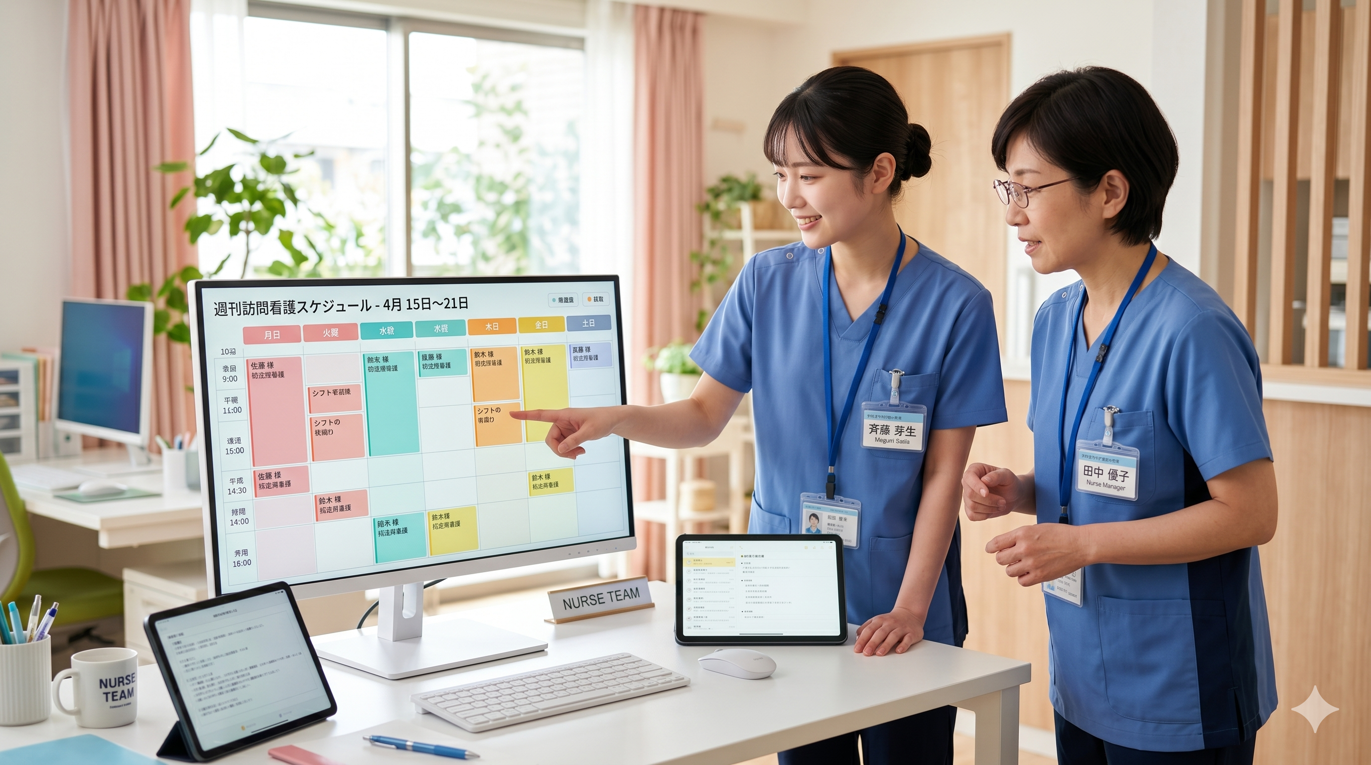 タブレットでスケジュール管理する女性看護師